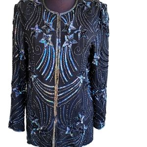 Night Vogue Black Sequin Jacket.. Sz. S.. 100% Silk w/100% Polyester Lining..